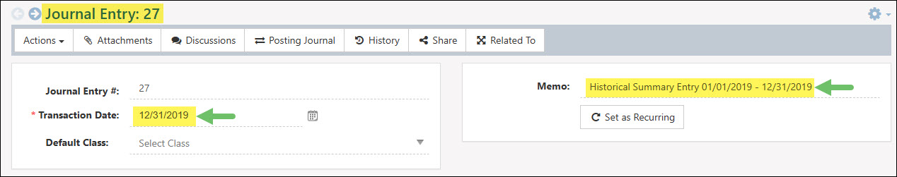 An Adjustment Journal Entry Displaying the Transaction Date & Memo Field