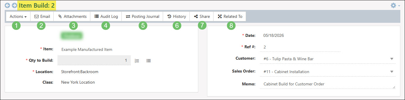 An Item Build Actions Menu