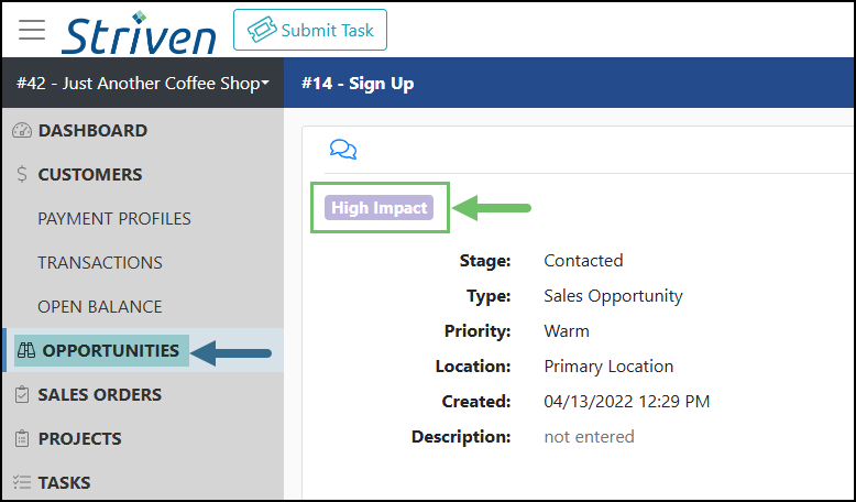 An Opportunity Label Visible in the Customer Portal
