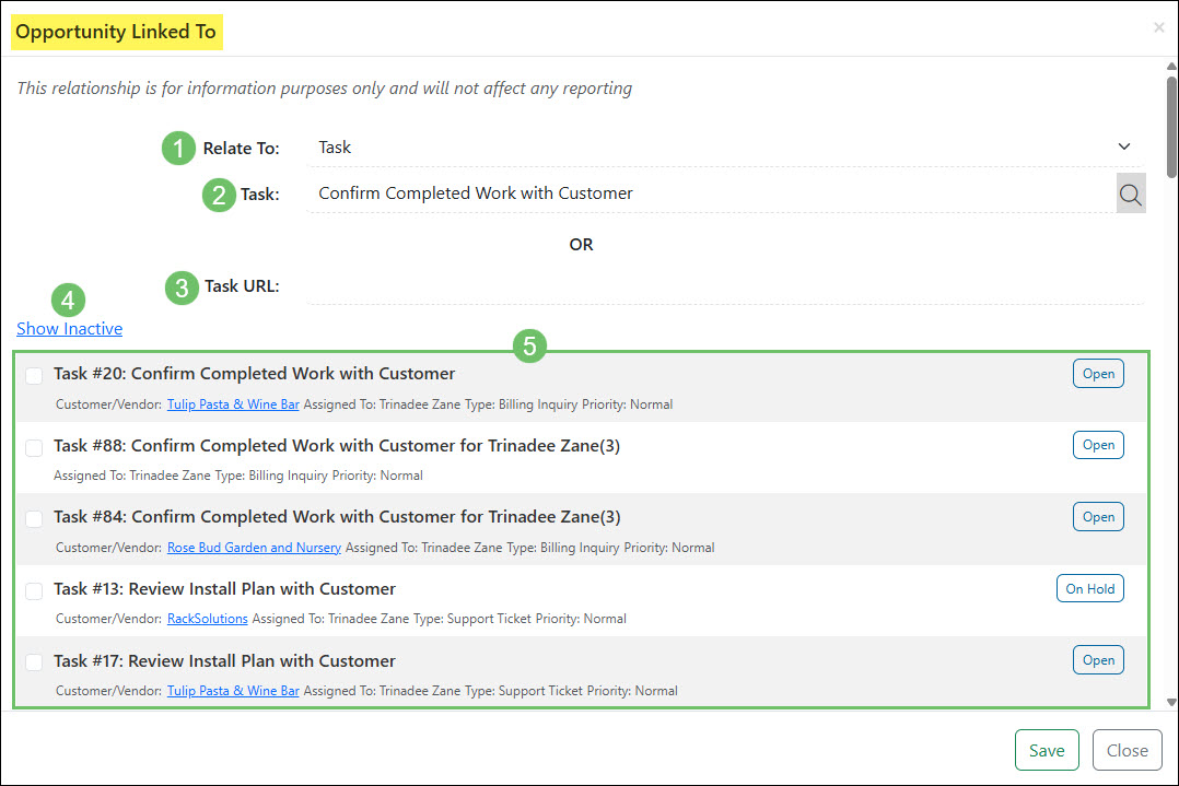 The Actions and Information Available in the Add Option for the Opportunity Linked To Window