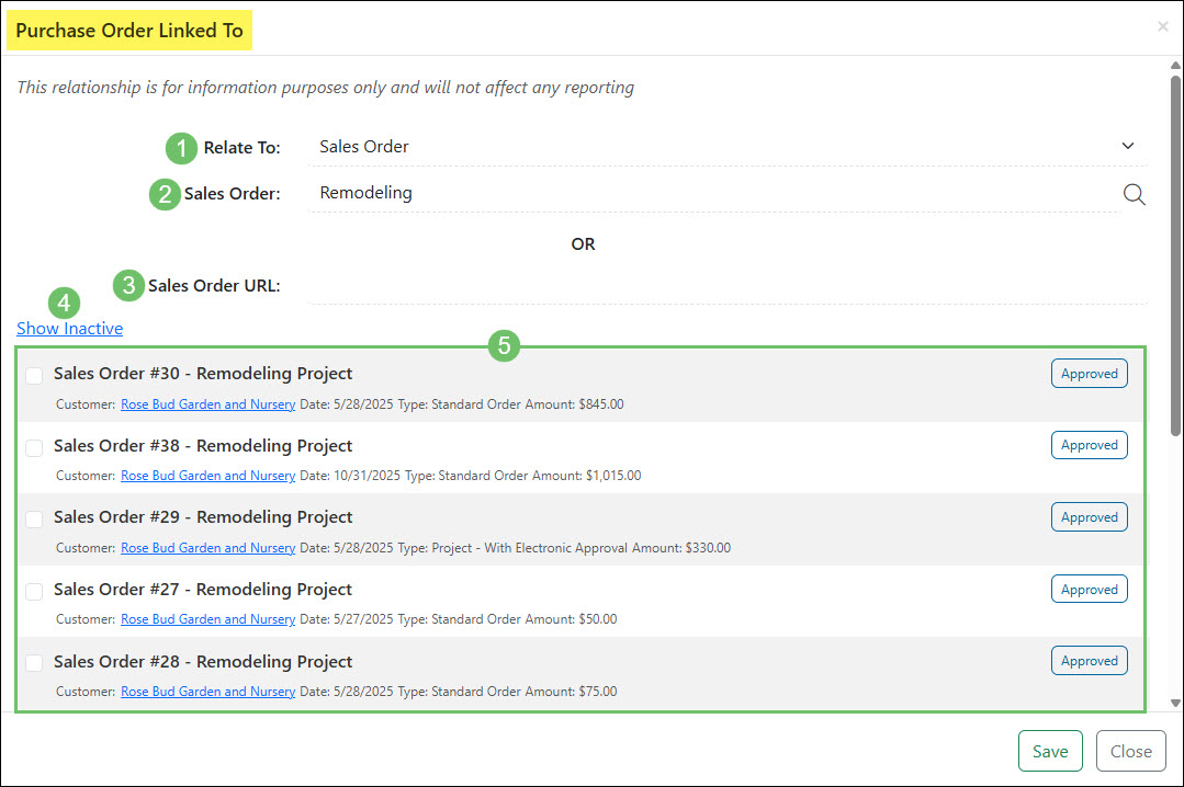 The Actions and Information Available in the Add Option for the Purchase Order Linked To Window