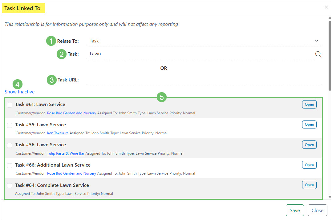 The Actions and Information Available in the Add Option for the Task Linked To Window