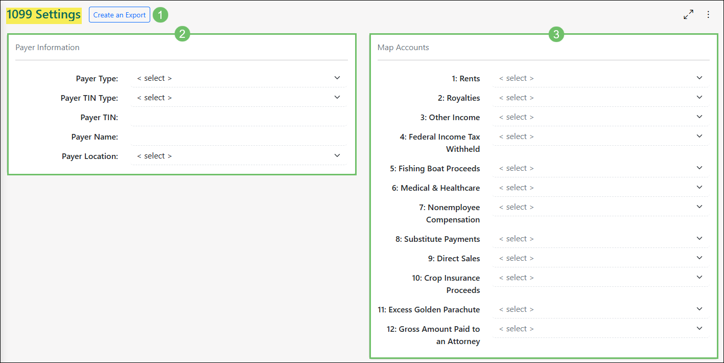 Actions and Information Available on the 1099 Settings Page