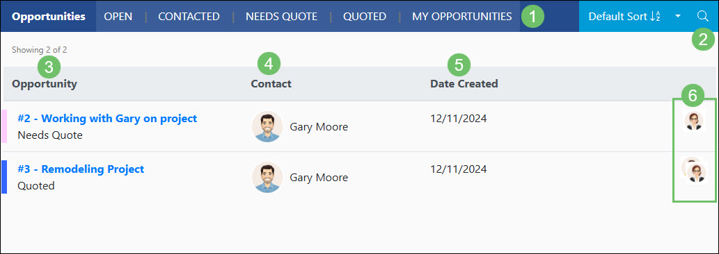 The Actions and Information Available on the Opportunities List in the Customer Portal