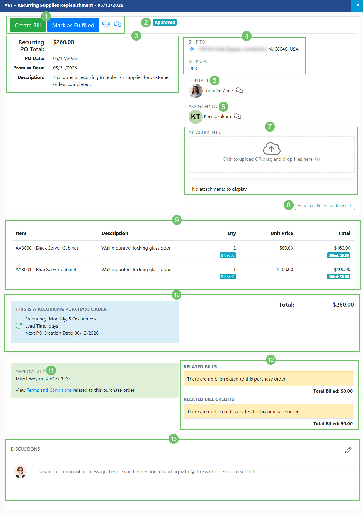 The Actions and Information Available on the Purchase Order Info Page in the Vendor Portal