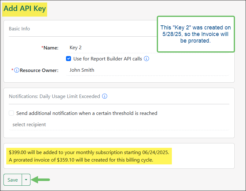 The Add API Key Page Showing the Subscription Details of an Additional Key