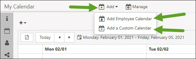 The Add Calendar Menu Option