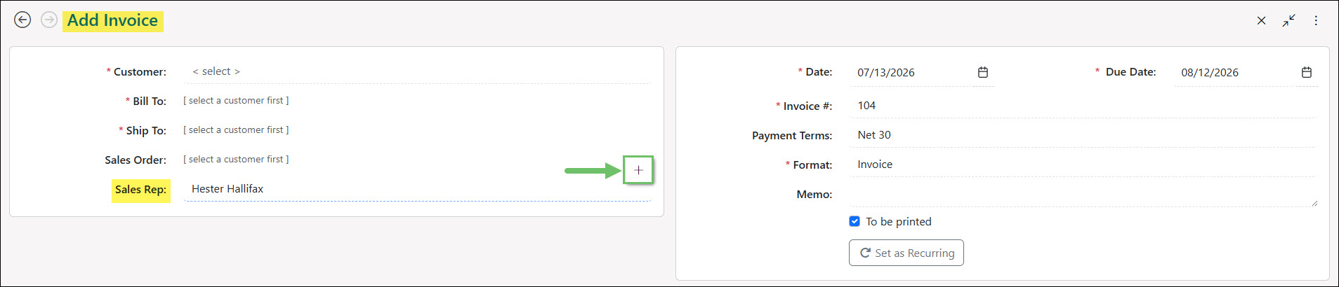 The Add Employee Option on an Invoice