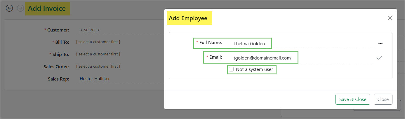 The Add Employee Popup from an Invoice