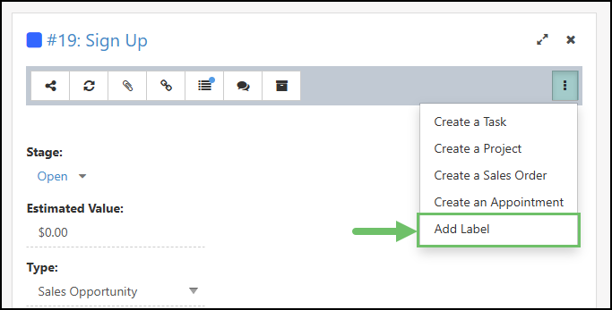 The Add Label Option in the Kebab Menu from the Opportunity Info Page