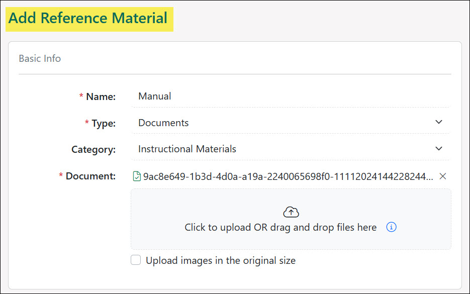 The Add Reference Material Page