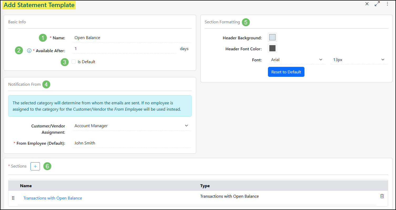 The Add Statement Template Page with options to add a name, formatting the sections, and which sections are included in the Monthly Statement.