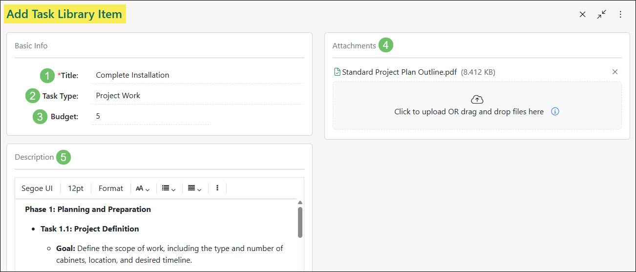 The Add Task Library Item Page