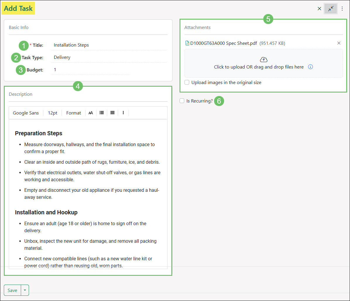 The Add Task Page for Default Tasks on Items