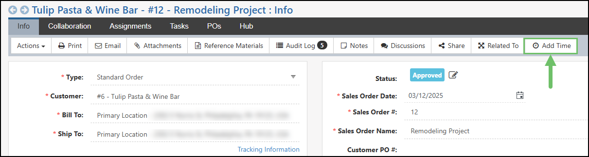 The Add Time Button on a Sales Order