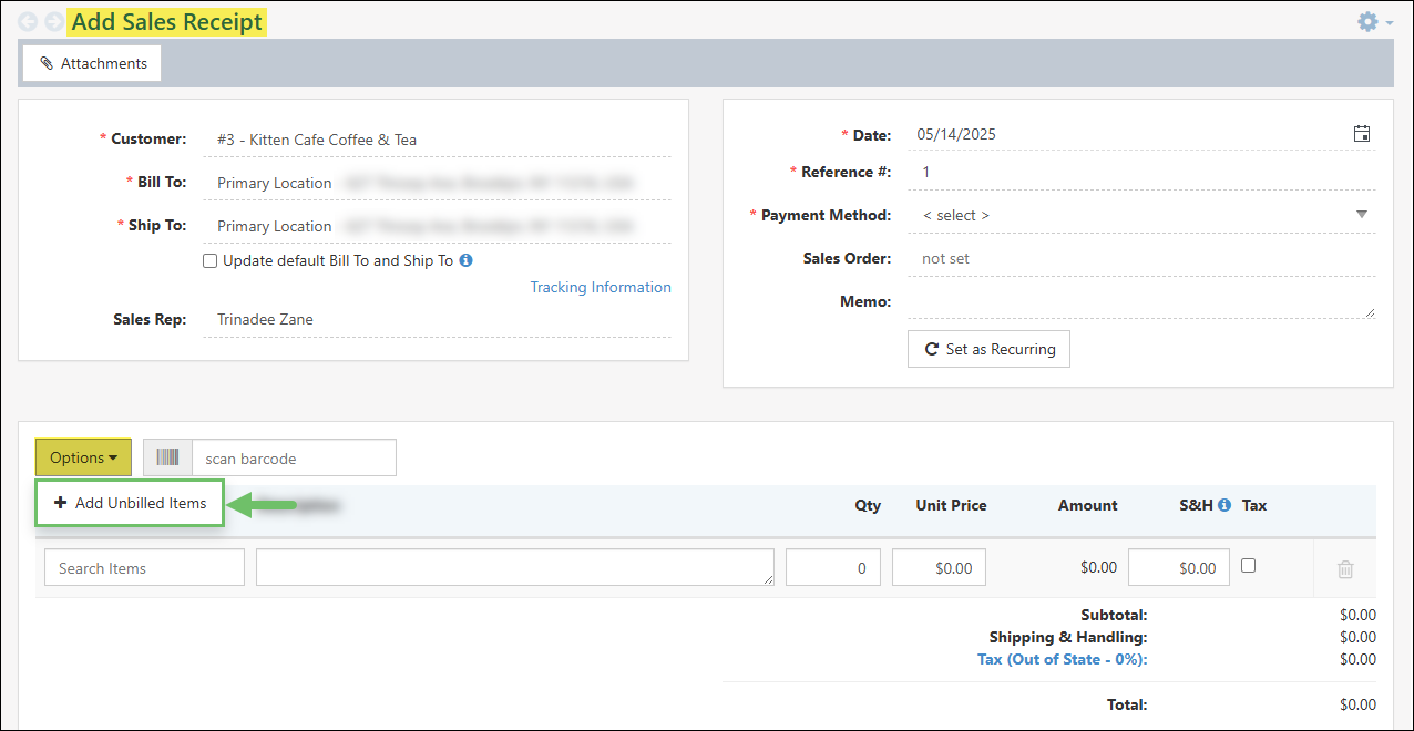 The Add Unbilled Items Option on a Sales Receipt