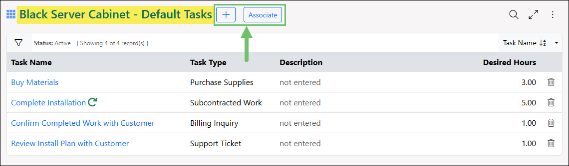 The Add and Associate Options from an Item Default Tasks Page