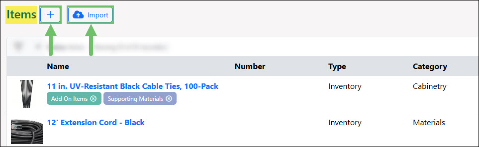 The Add and Import Items Options from the Items List