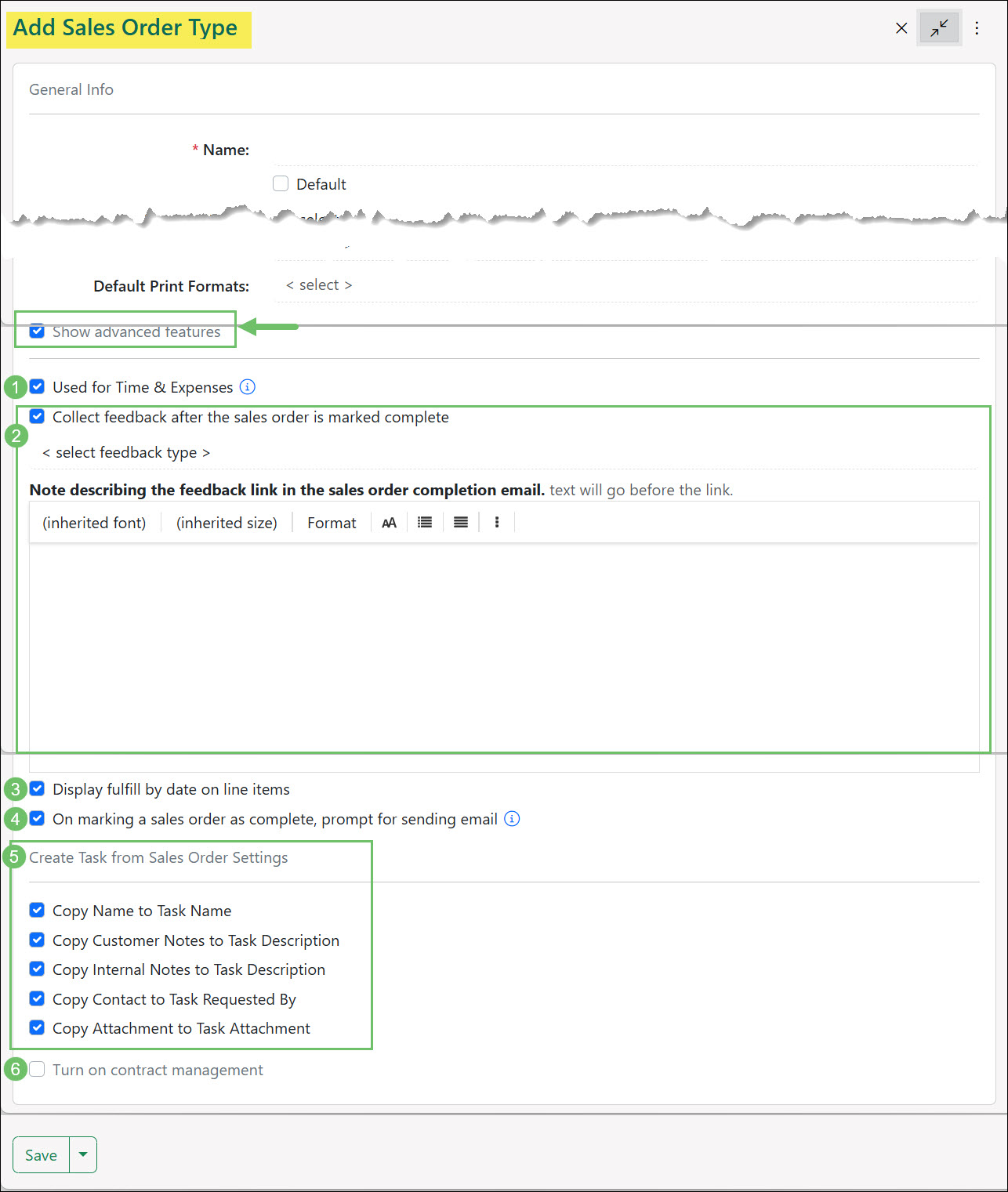 The Advanced Sales Order Features Settings on the Add Sales Order Type Page