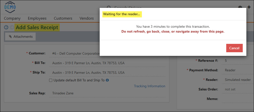 The Alert Message When Using the Stripe Reader on a Sales Receipt