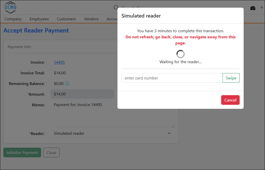The Alert Message When Using the Stripe Reader to Process a Payment in Striven