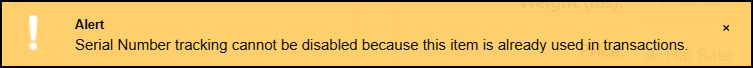 The Alert Message for Serial Numbers on the Item Info Page.