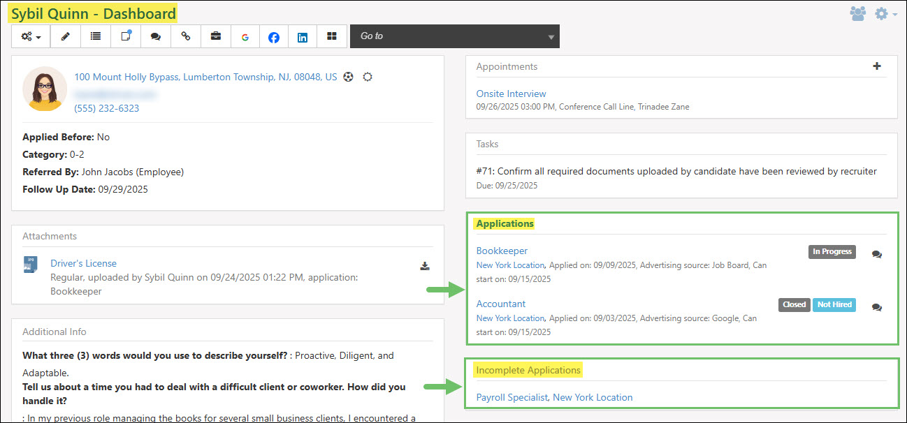 The Applications and Incomplete Applications Widget on a Candidate’s Dashboard