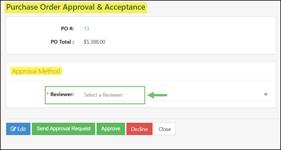 Purchase Order Approval and Acceptance page with the option to select an internal reviewer and send an approval request.