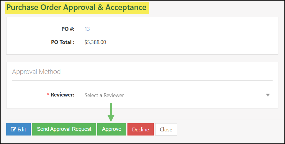 Purchase Order Approval and Acceptance page with the option to Approve.