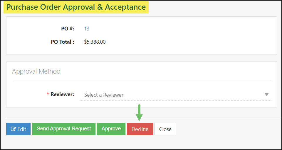 Purchase Order Approval and Acceptance page with the Decline button highlighted.