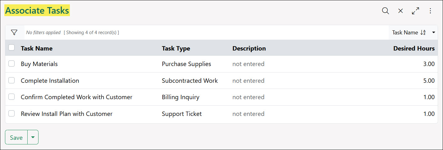 The Associate Tasks Page from an Item