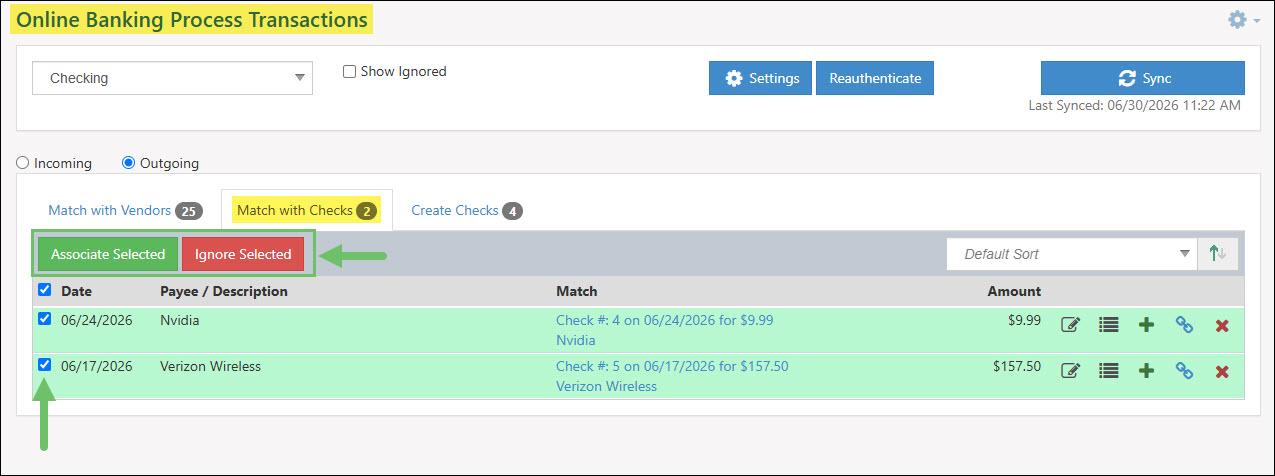The Associate and Ignore Selected Options for the Match with Checks Tab
