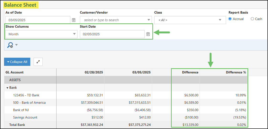 The Balance Sheet With Show Columns Set to Month with Two Columns as the Result