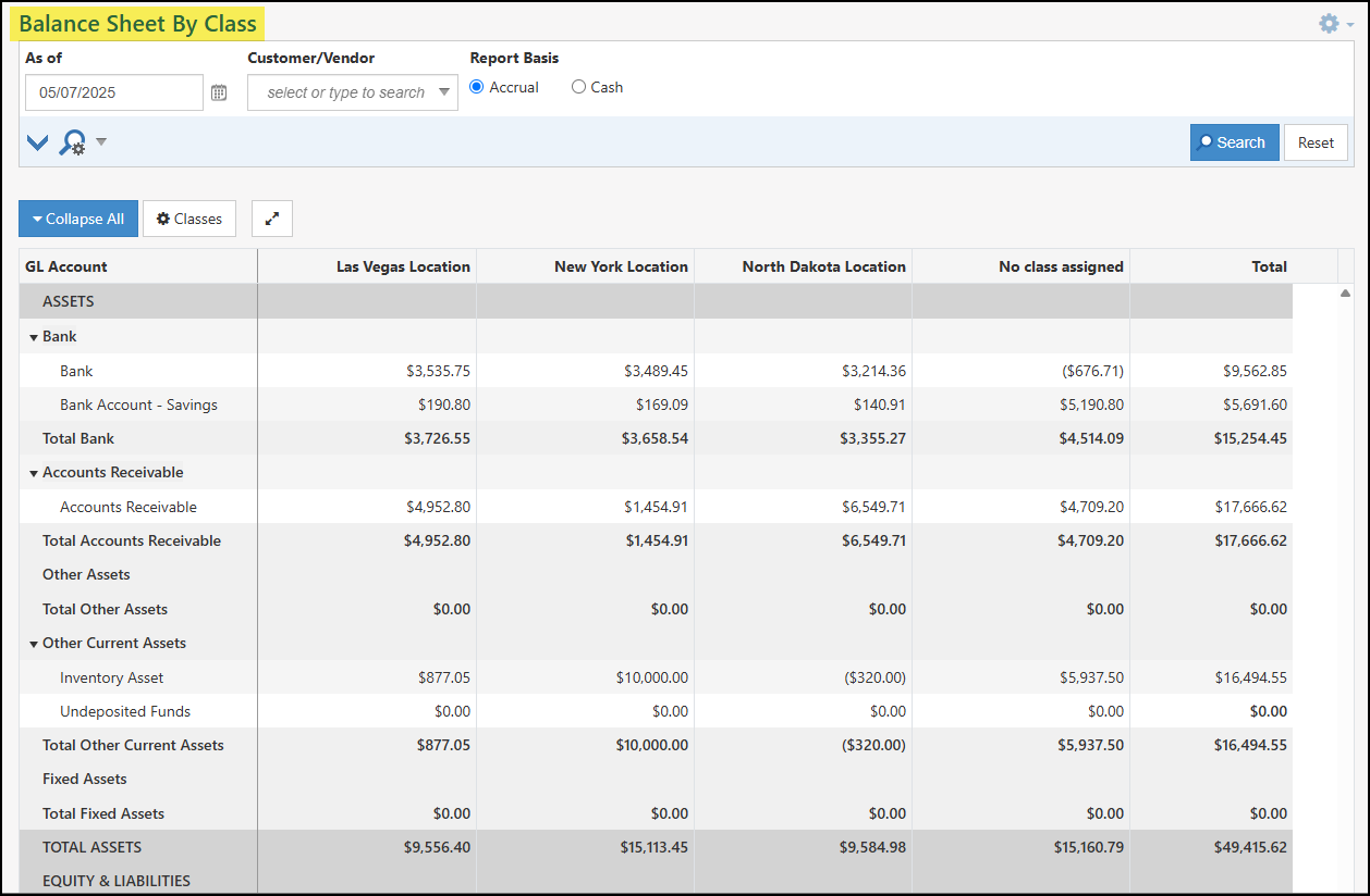 The Balance Sheet by Class Report in Striven.