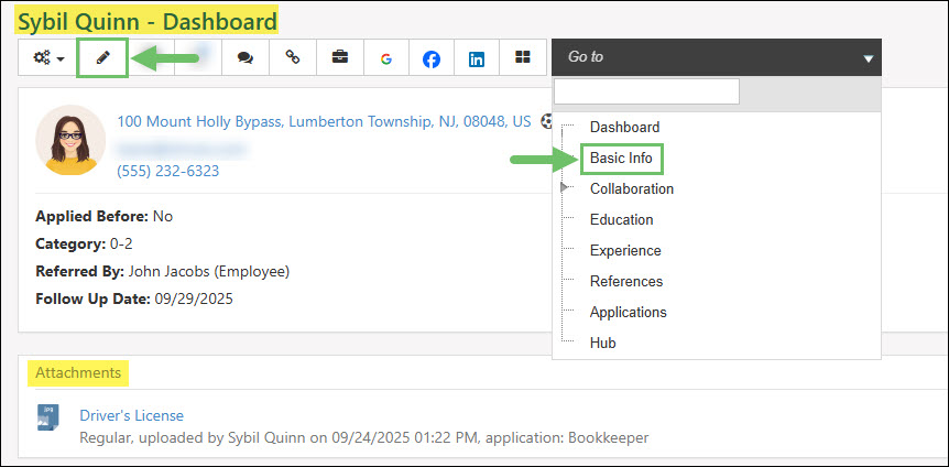 The Basic Info Tab from a Candidate’s Profile to Access Attachments