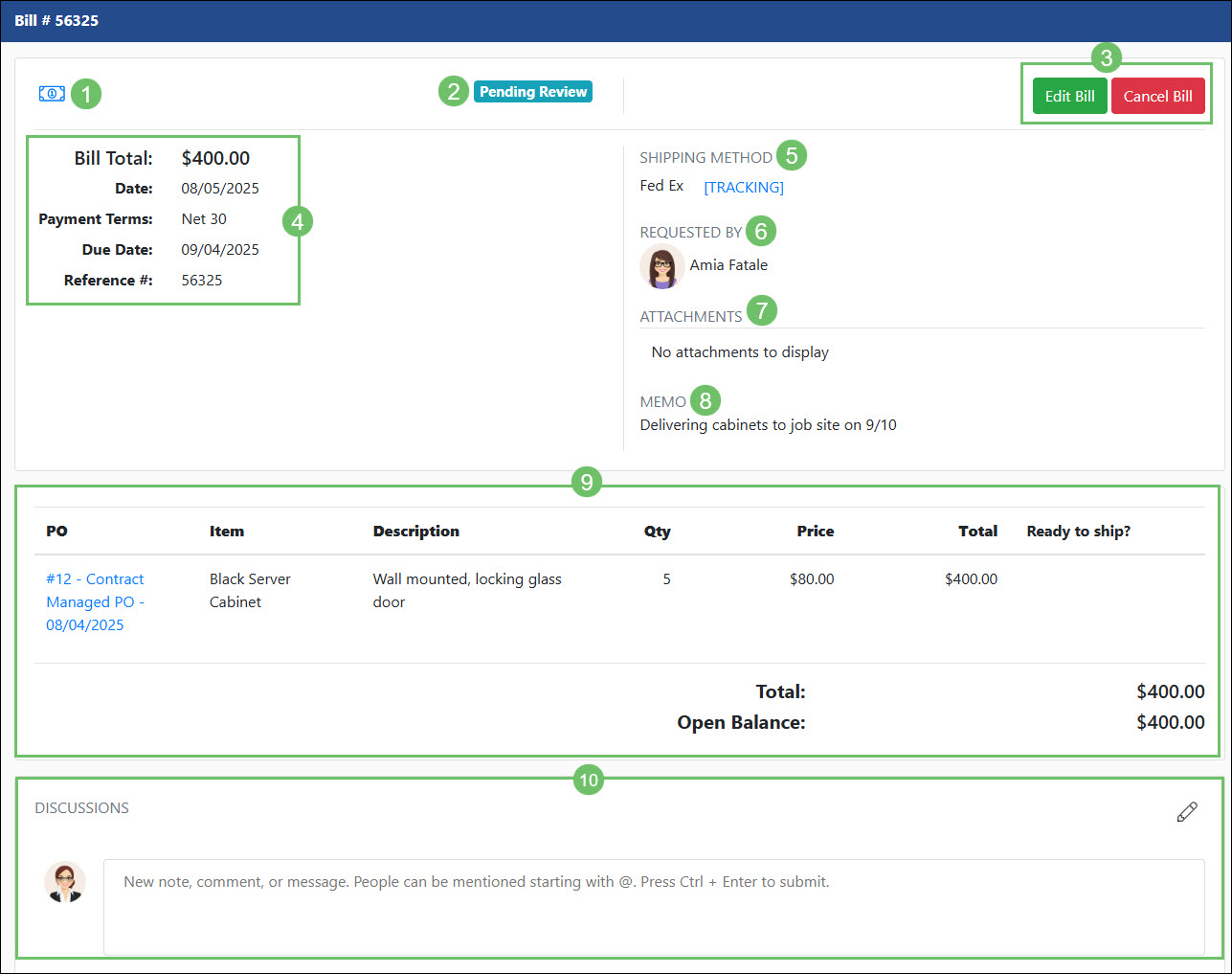 The Bill Info Page in the Vendor Portal