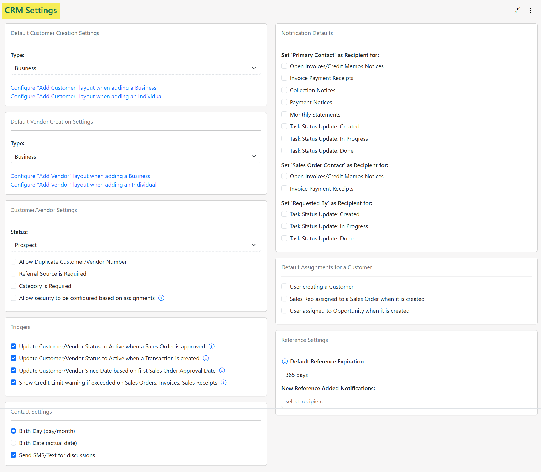 The CRM Settings Page