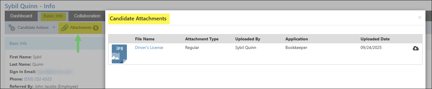 The Candidate Attachments Window Accessed Through the Basic Info Tab