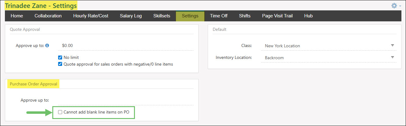 The Cannot Add Blank Line Items On PO Setting in an Employee Profile