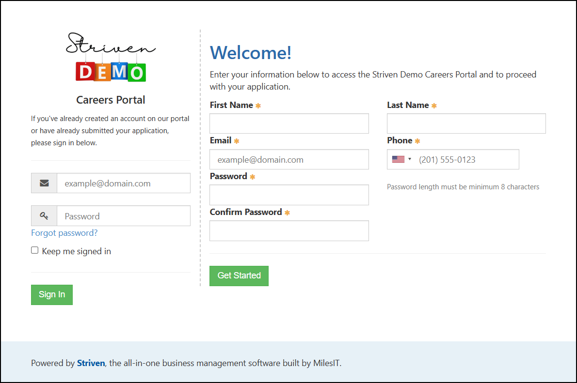 The Striven Careers Portal Login and Sign Up page.