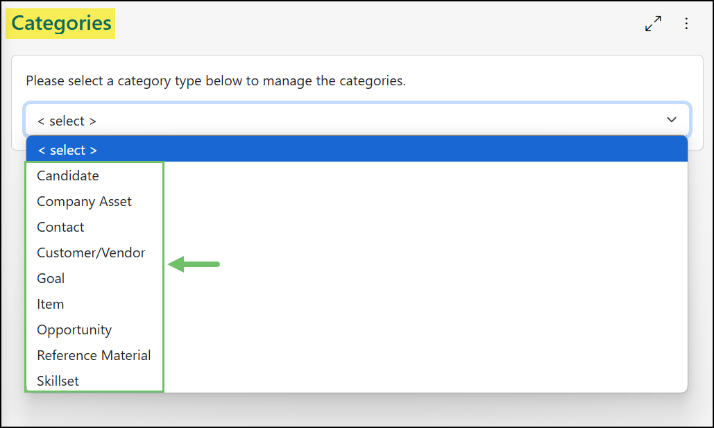 The Categories List Options that are available to choose from.