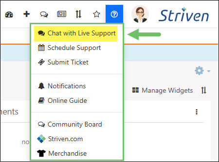 The Chat with Live Support Option on the Striven Help Men