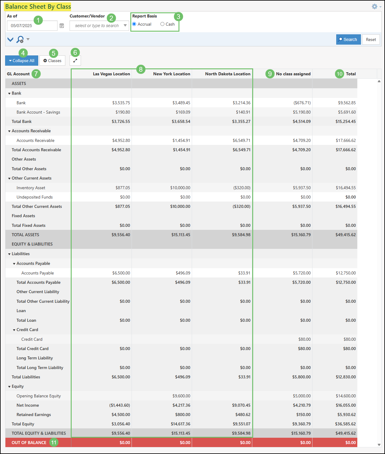 The Columns and Filters in the Balance Sheet by Class.