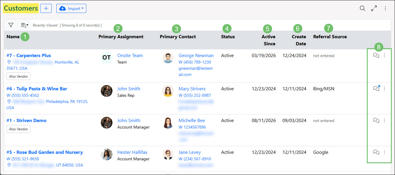 The Columns in the Customer and Vendor List