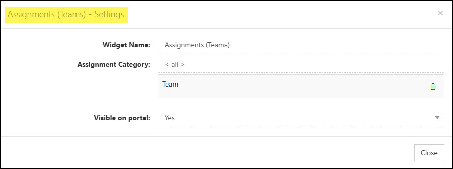 The Configuration Settings for the Assignments (Teams) Widget