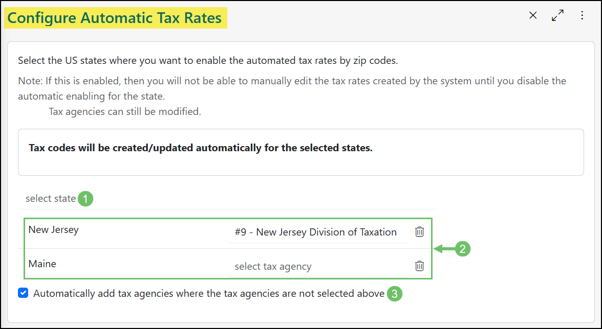Configure Automatic Tax Rates page with New Jersey and Maine selected as States.