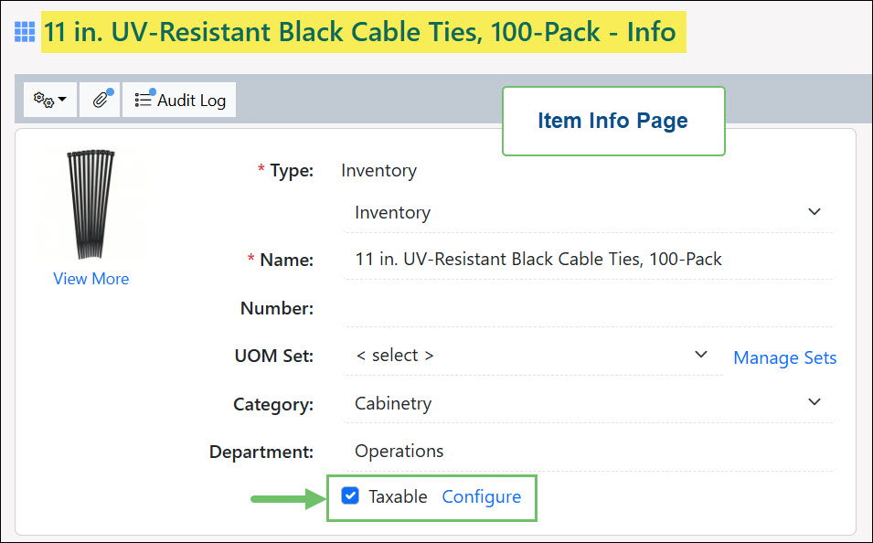 The Configure Option for Taxable Setting on Item Info Page