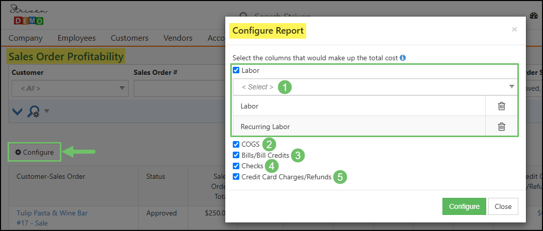 The Configure Option in the Sales Order Profitability Report