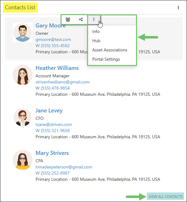 The Contacts List Widget from a Customer or Vendor Dashboard
