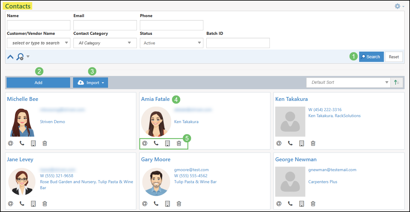 The Contacts List Page in Striven with results showing.